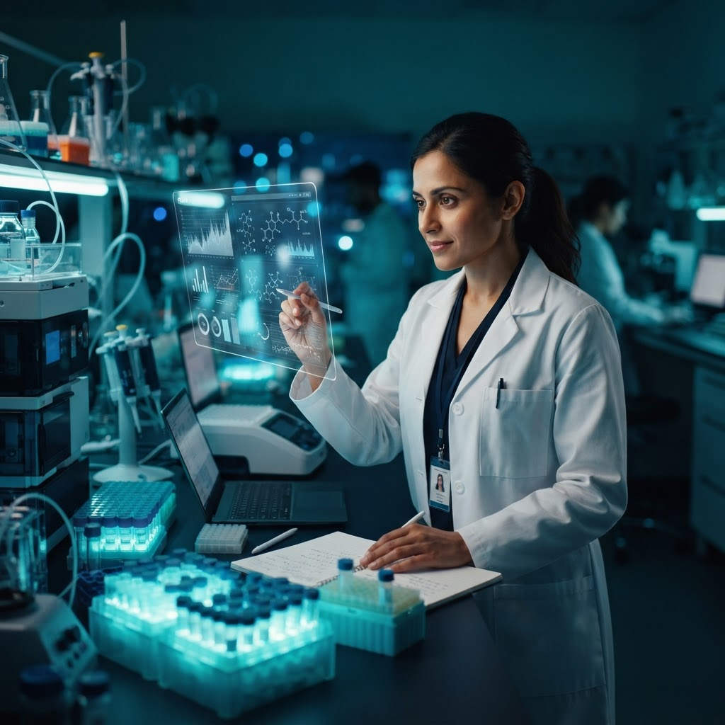 Pharmaceutical scientist inspecting a glowing vial in a precision lab